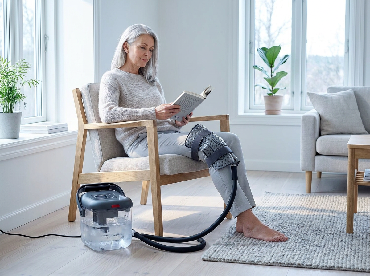 Woman reading in an armchair with the Kool It pad on her knee